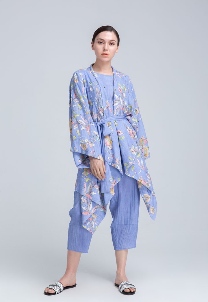 Choice Folkloric Flow Print Wide Flap Outerwear Blue Print