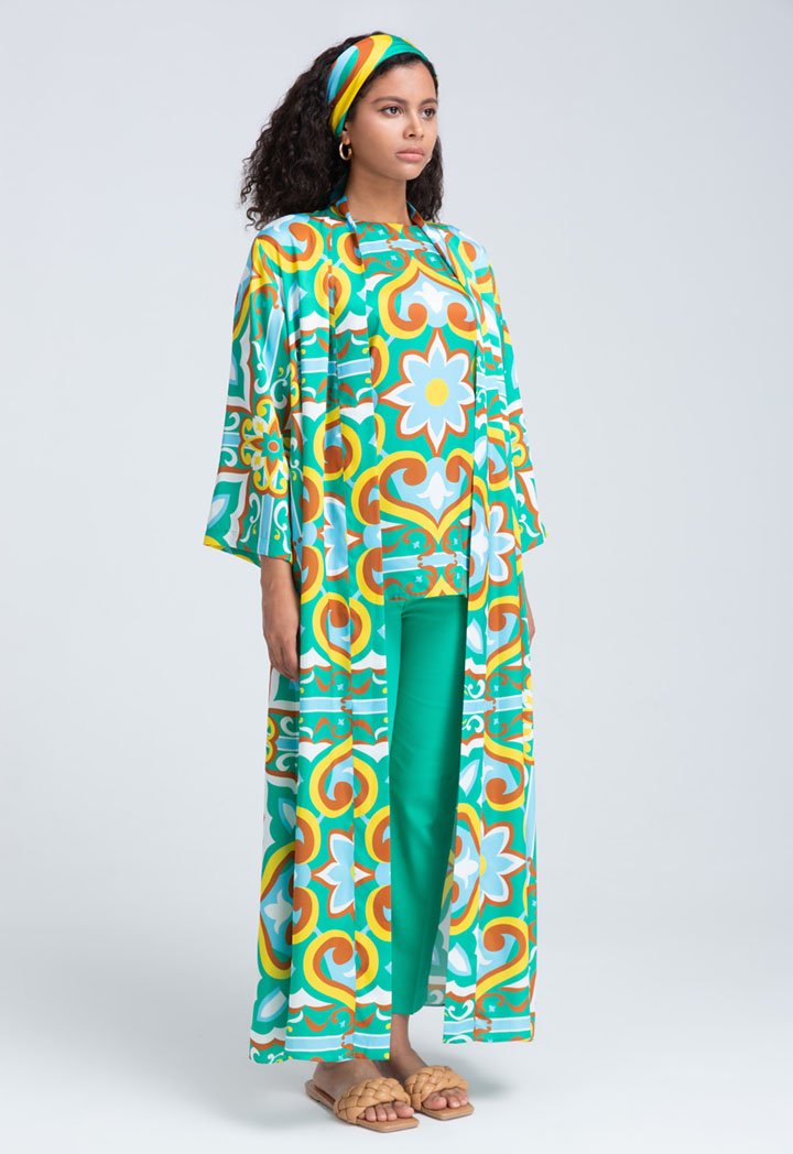 Choice Printed Satin Maxi Kimono Wrap Green