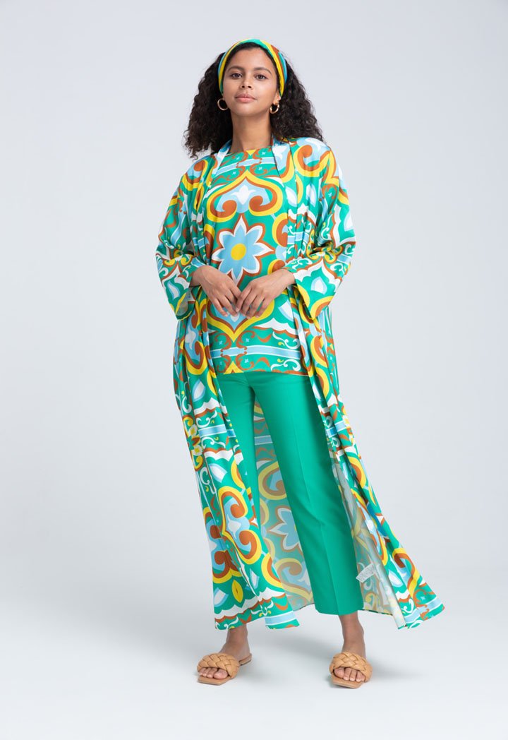 Choice Printed Satin Maxi Kimono Wrap Green