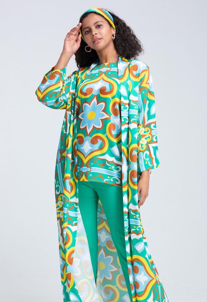 Choice Printed Satin Maxi Kimono Wrap Green