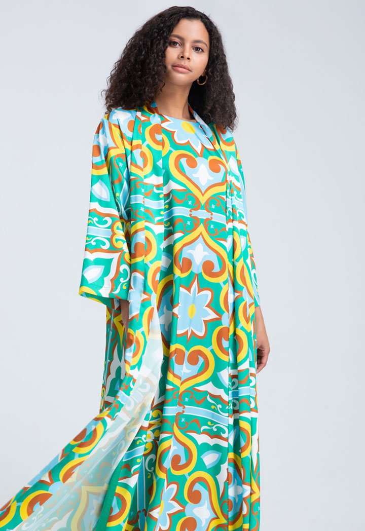 Choice Printed Satin Maxi Kimono Wrap Green