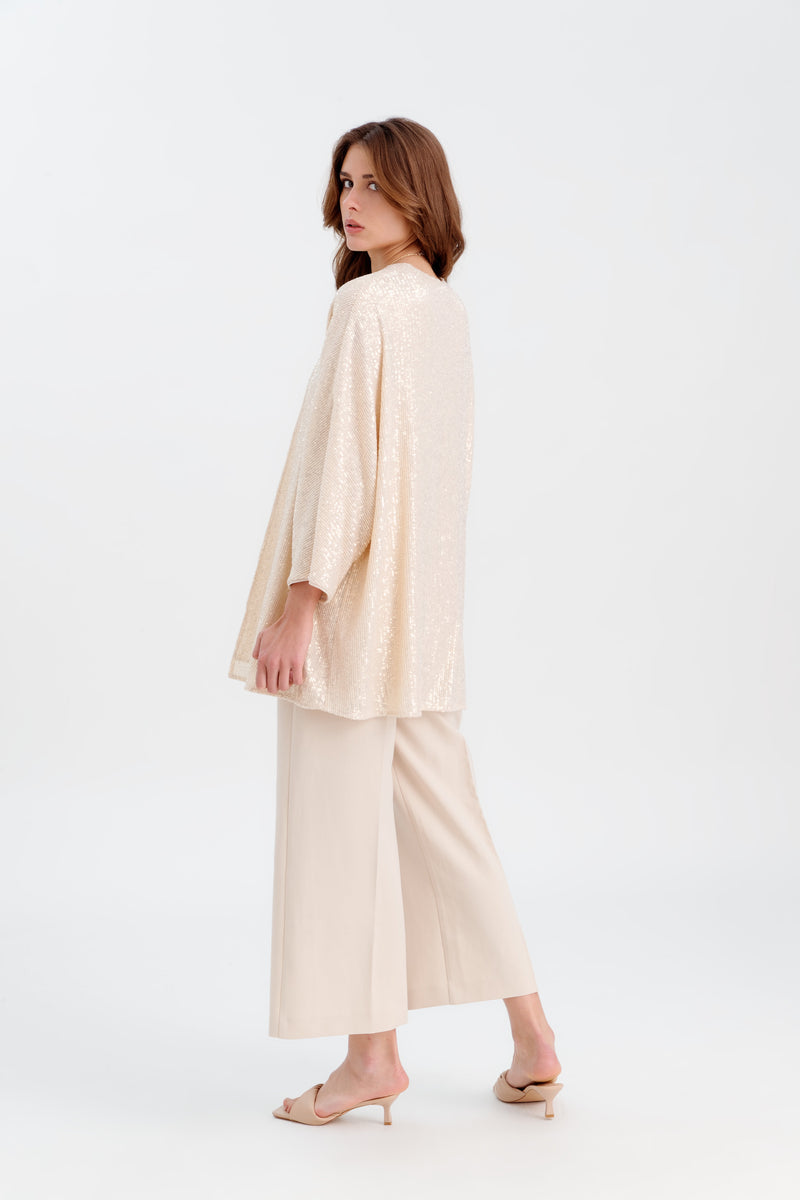 Choice Front Open Sequenced Short Kimono Beige