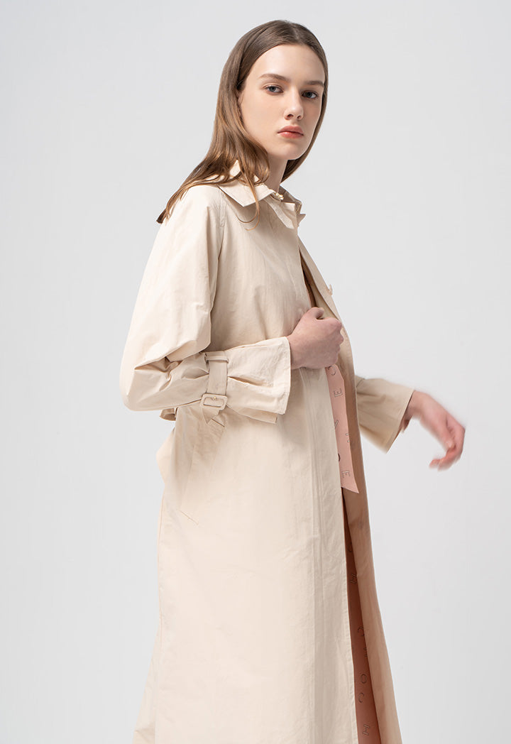 Choice Solid Long Sleeves Belted Maxi Jacket  Beige