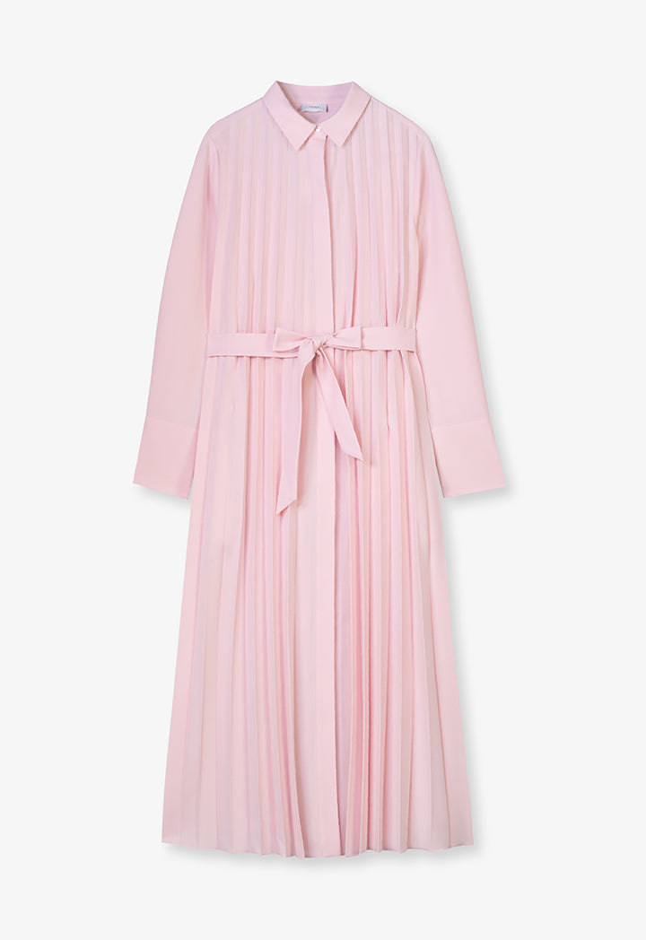 Choice Single Tone Pleated Maxi Shirt Dress Pink