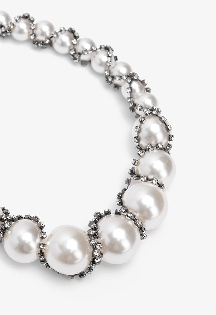 Choice Crystal Wrapped Faux Pearls Necklace Off White