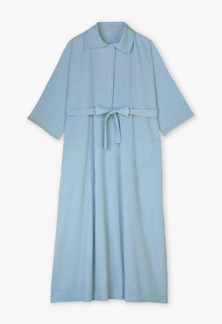 Choice Pleated Belted Oversize Maxi Dress Blue