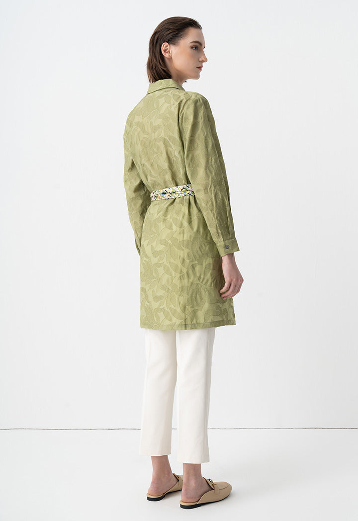 Choice Embroidered Floral Textured Midi Shirt Dress Green