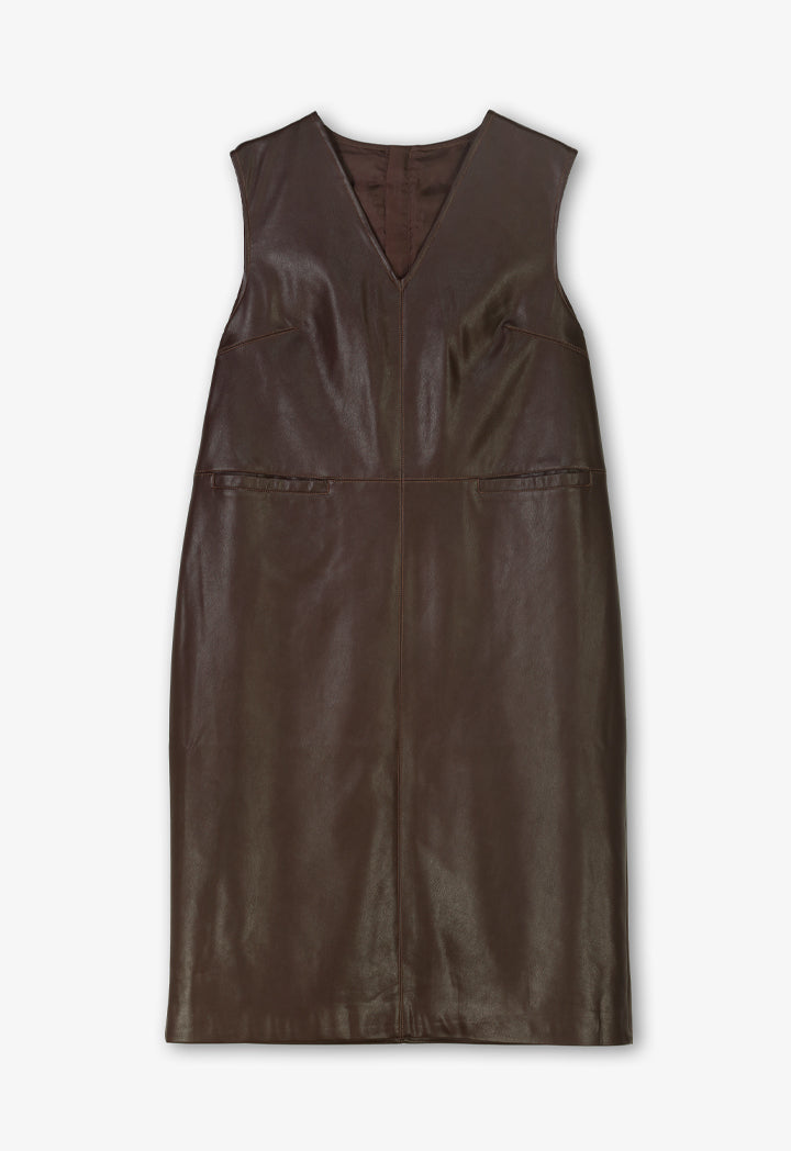 Choice Solid Sleeveless Leather Dress Brown