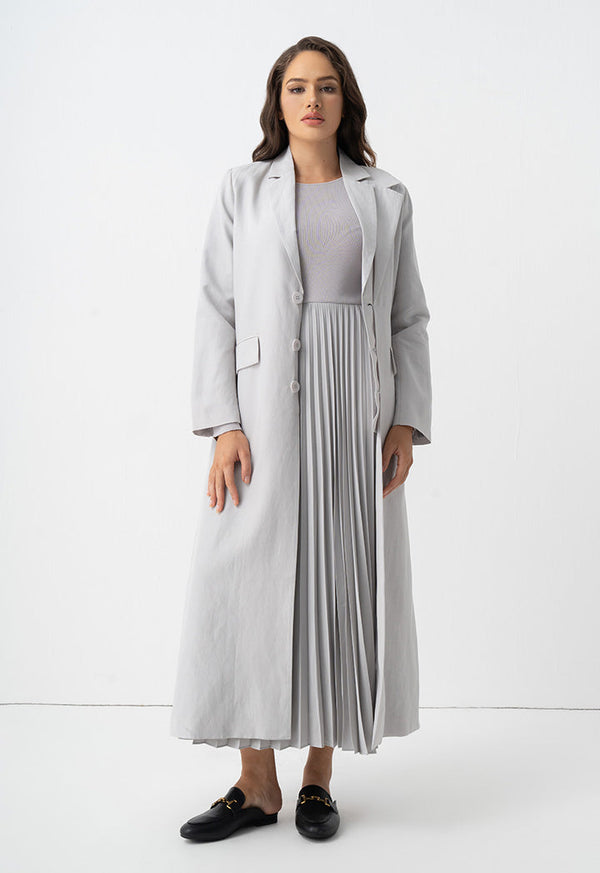 Choice Pleated Solid Long Sleeve Dress Grey