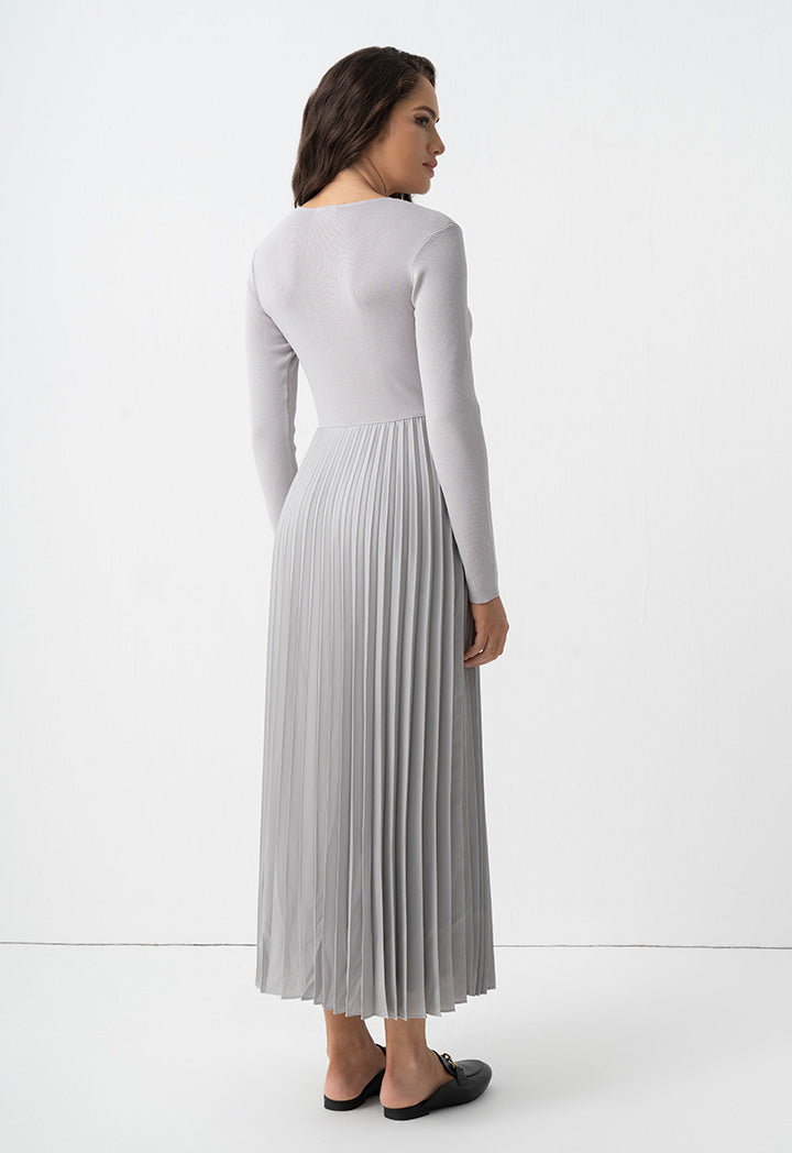 Choice Pleated Solid Long Sleeve Dress Grey