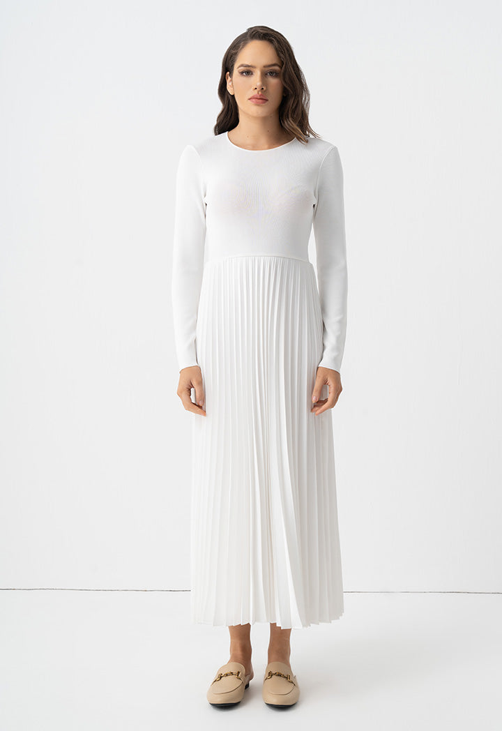 Choice Pleated Solid Long Sleeve Dress Off White