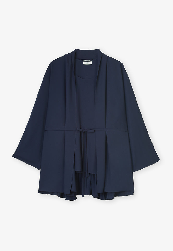 Choice Solid Long Sleeve Pleated Cardigan Set (2 Pcs) Navy