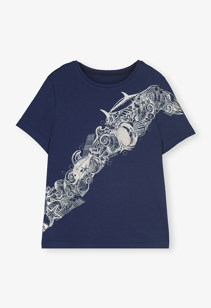 Choice Short Sleeves Printed Motif T-Shirt Navy