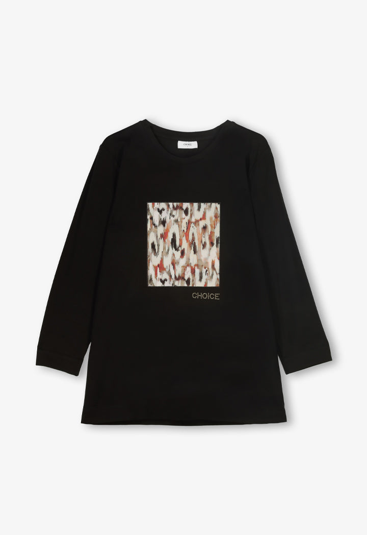 Choice Printed Motif At Front Long Sleeves T-Shirt Black