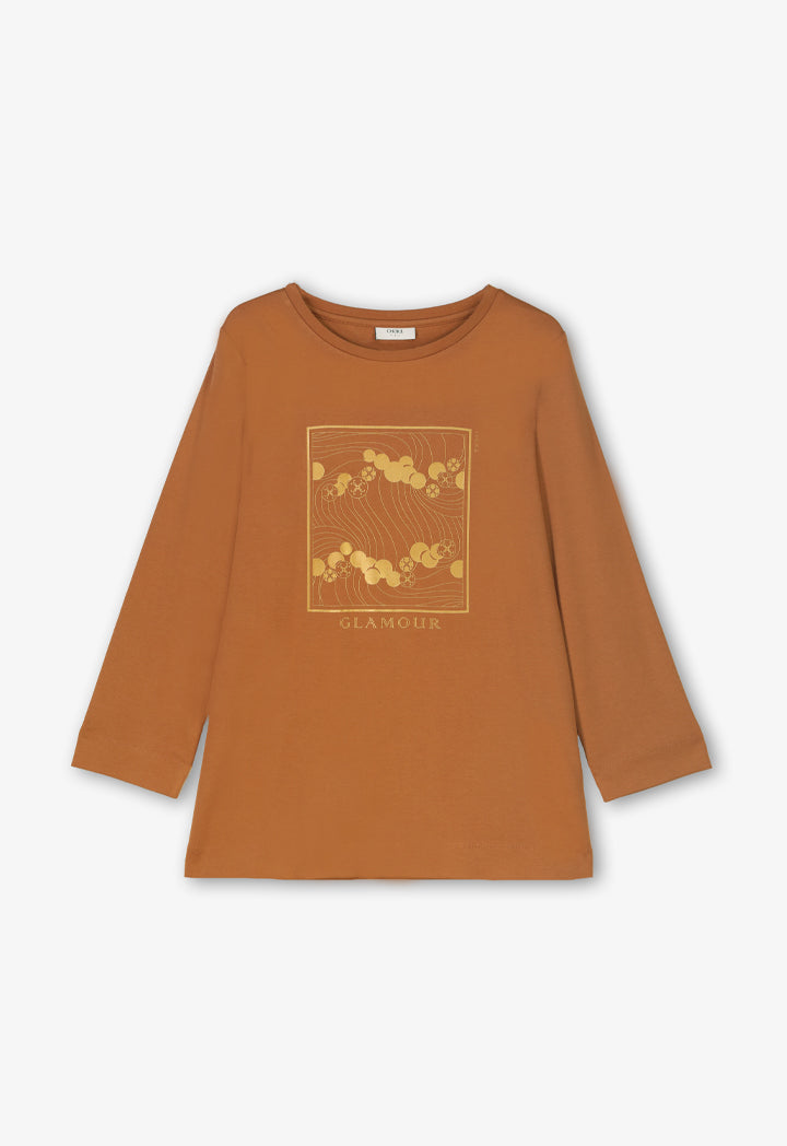 Choice Long Sleeve Printed Motif Top Camel