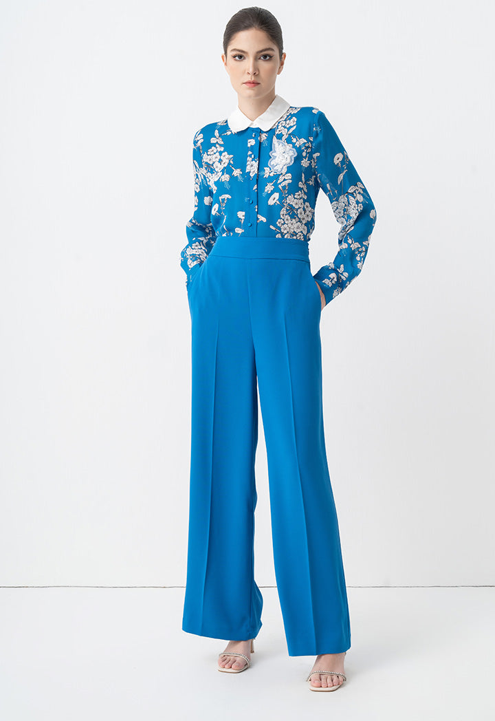 Choice Solid Wide Legs Trousers Blue