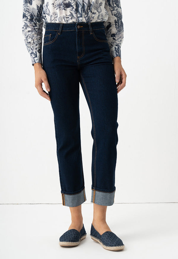 Choice Solid Wide Legs Denim Trousers Navy