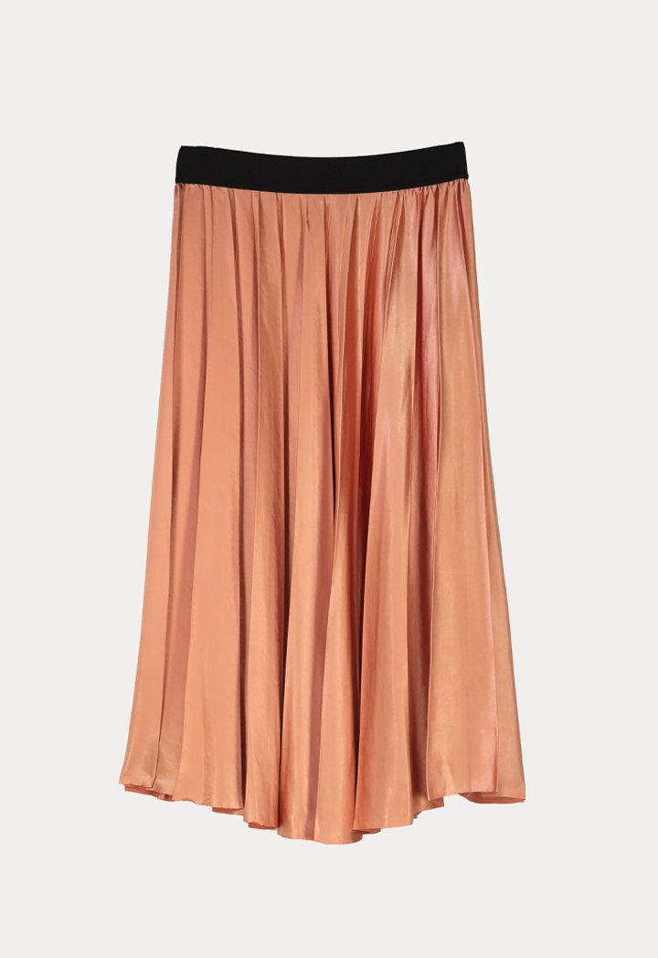 Choice Contrast Color Exposed Waist Elastic Pleated Skirt Apricot