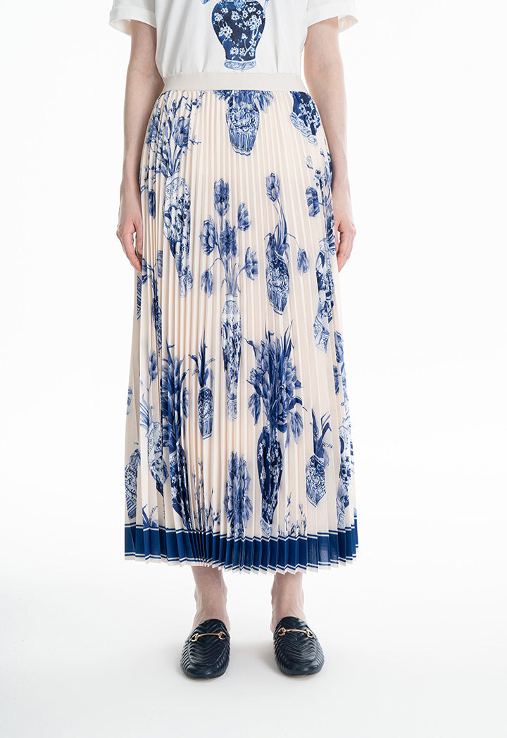 Choice Floral Print Pleated Flared Skirt Indigo