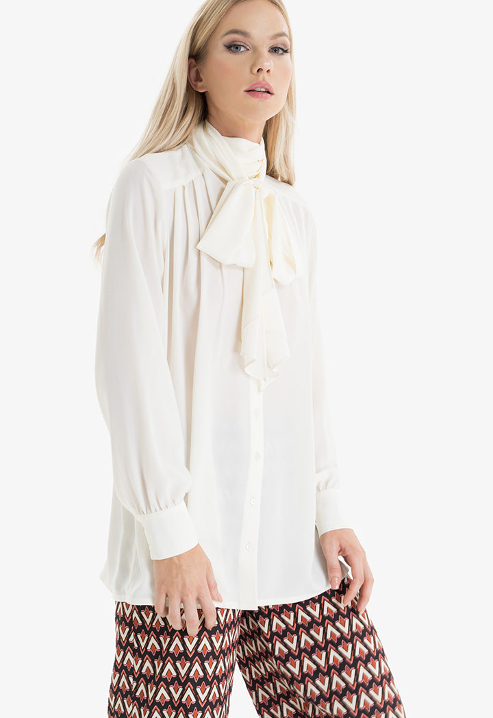 Choice Detachable Tie Neck Loose Shirt Cream