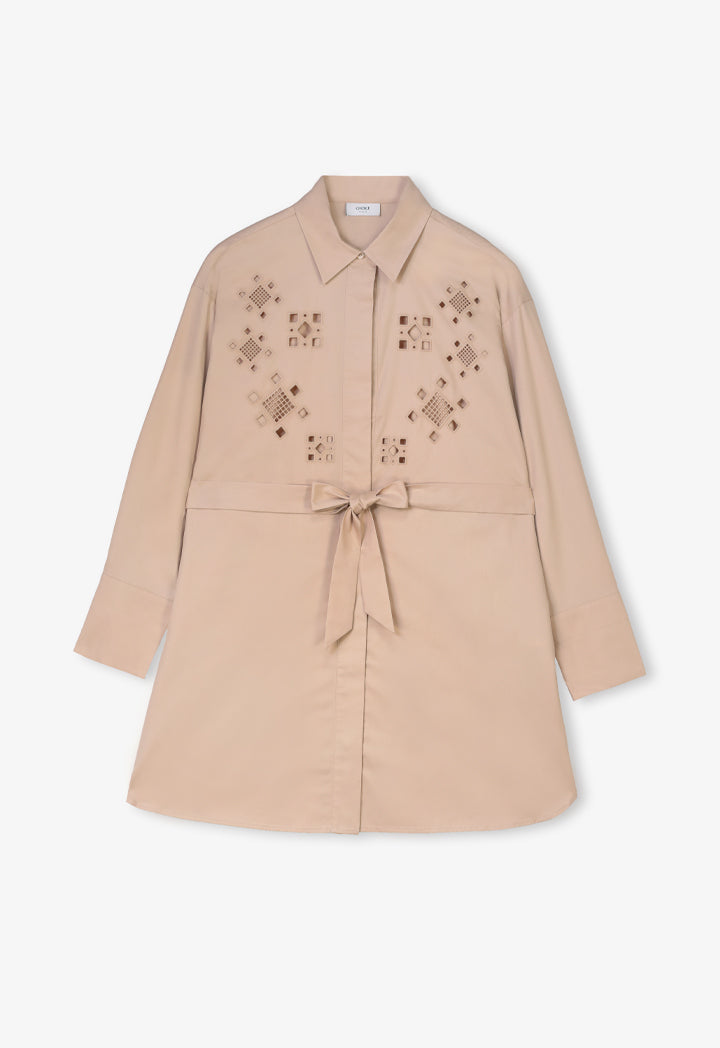 Choice Eyelet Embroidered Belted Shirt Beige