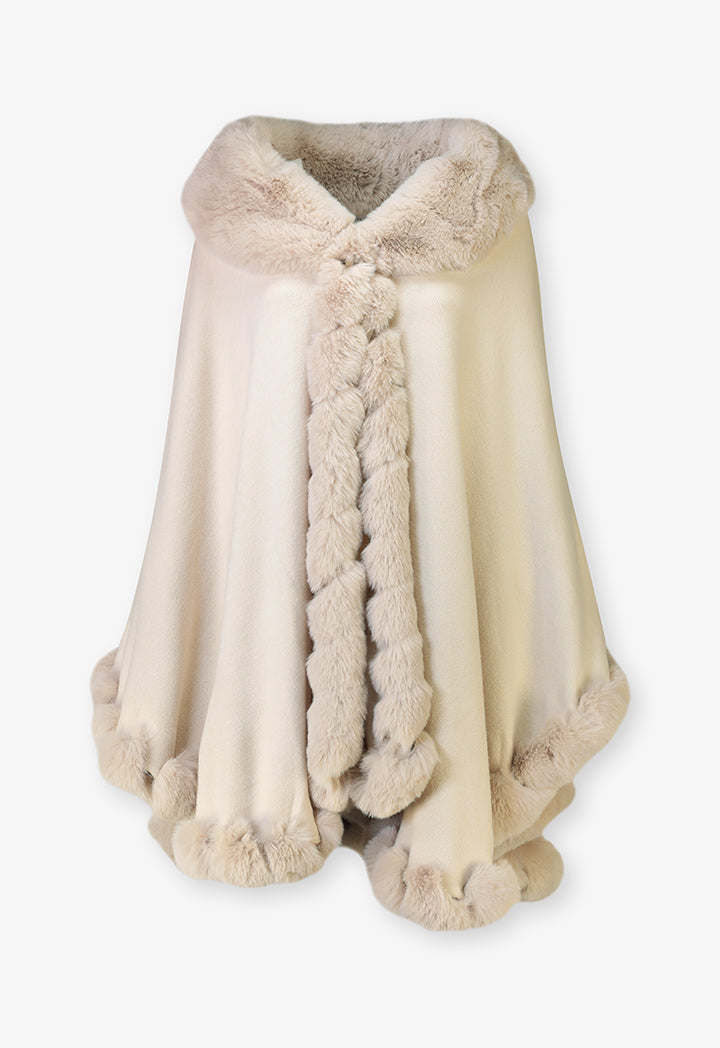 Choice Faux Fur Embellished Poncho Cream