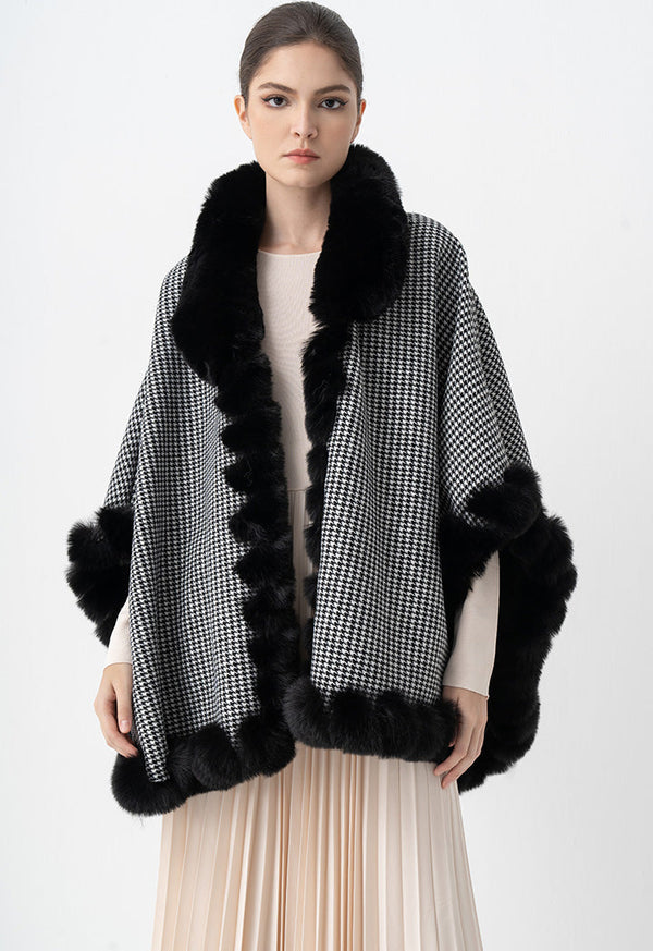 Choice Faux Fur Embellished Houndstooth Poncho Black