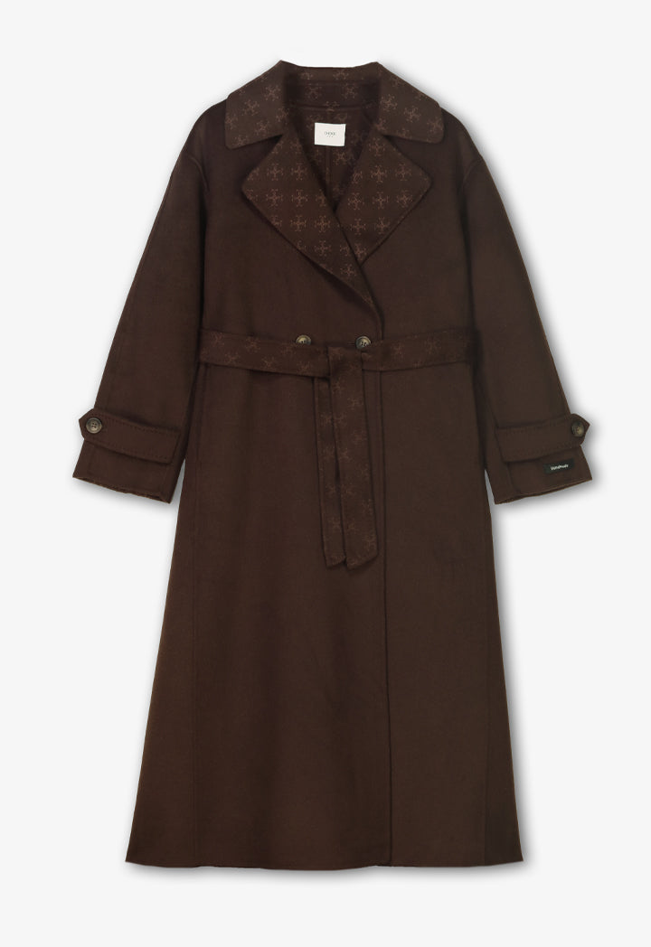 Choice Monogram Printed Double Breasted Coat Brown