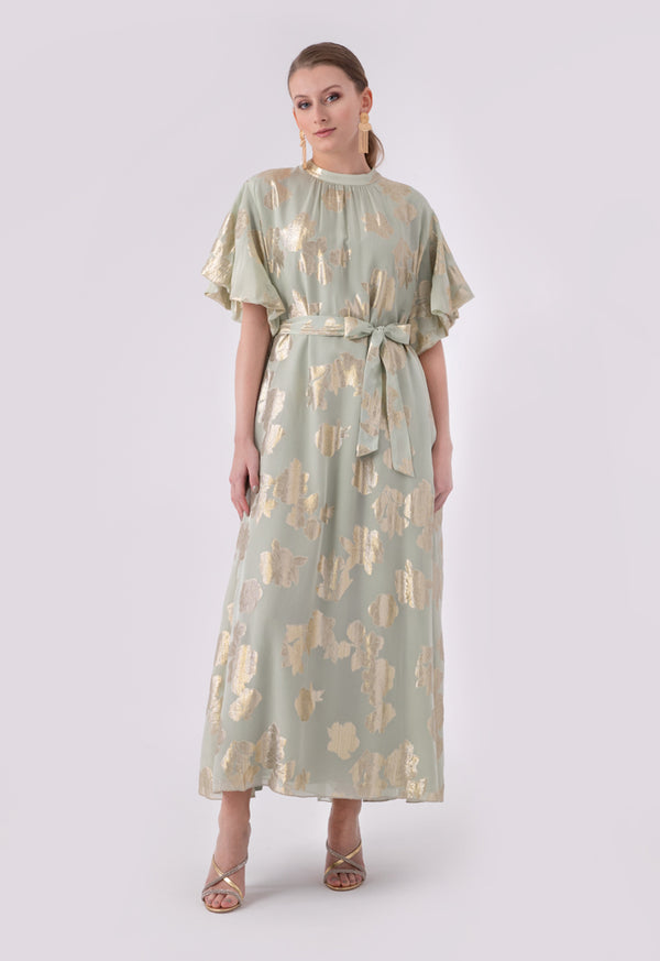 Choice Lurex Jacquard Flounce Sleeve Maxi Dress Green