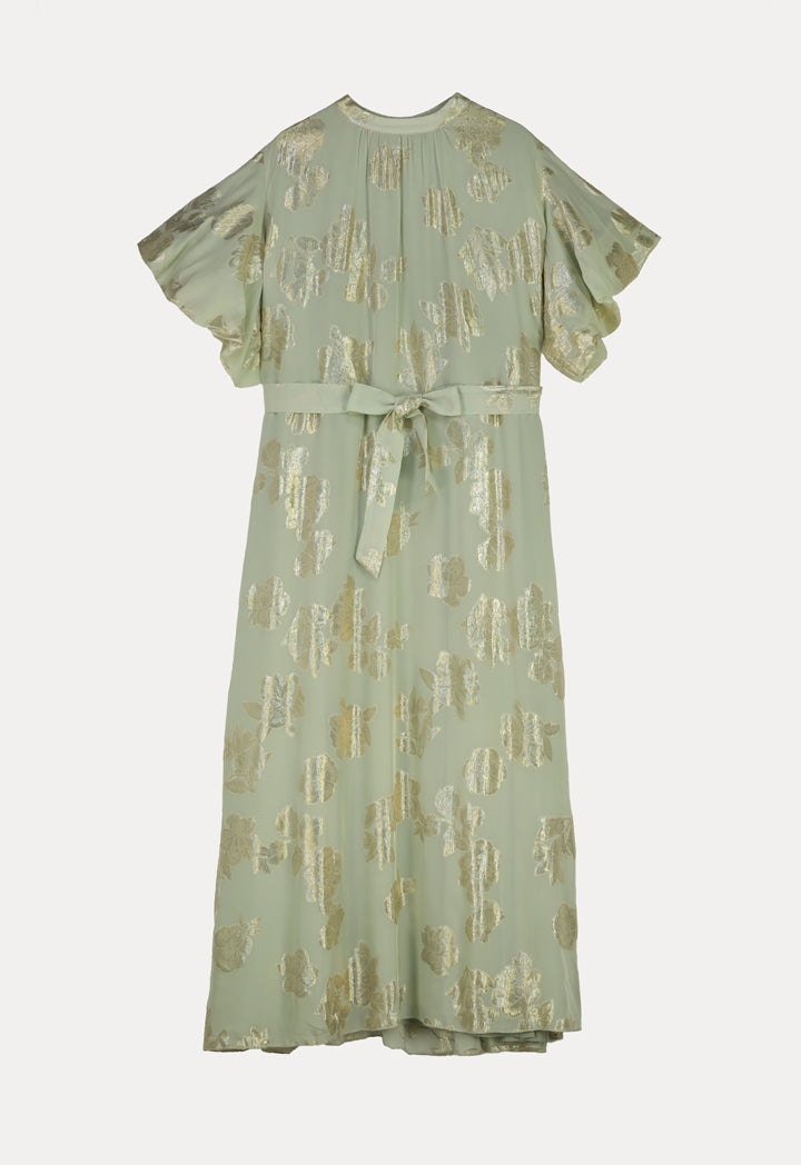 Choice Lurex Jacquard Flounce Sleeve Maxi Dress Green