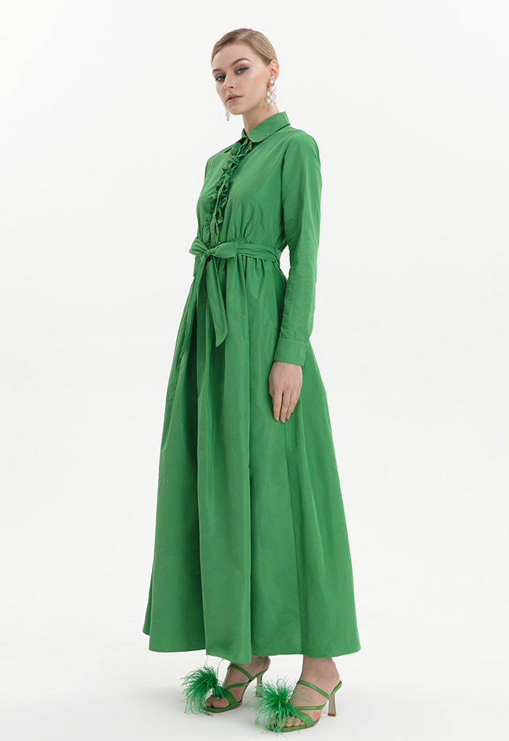 Choice Sleeved Ruffled With Feathers Maxi Dress - Ramadan Style Green