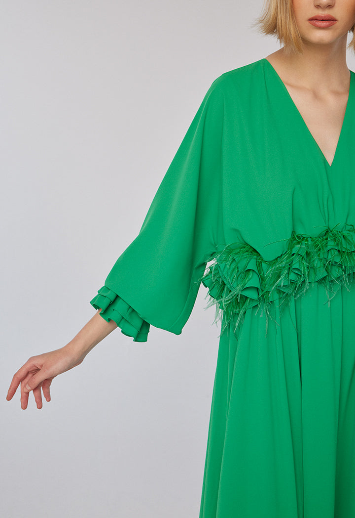 Choice Ruffle Fringe Tiered Solid Dress Green