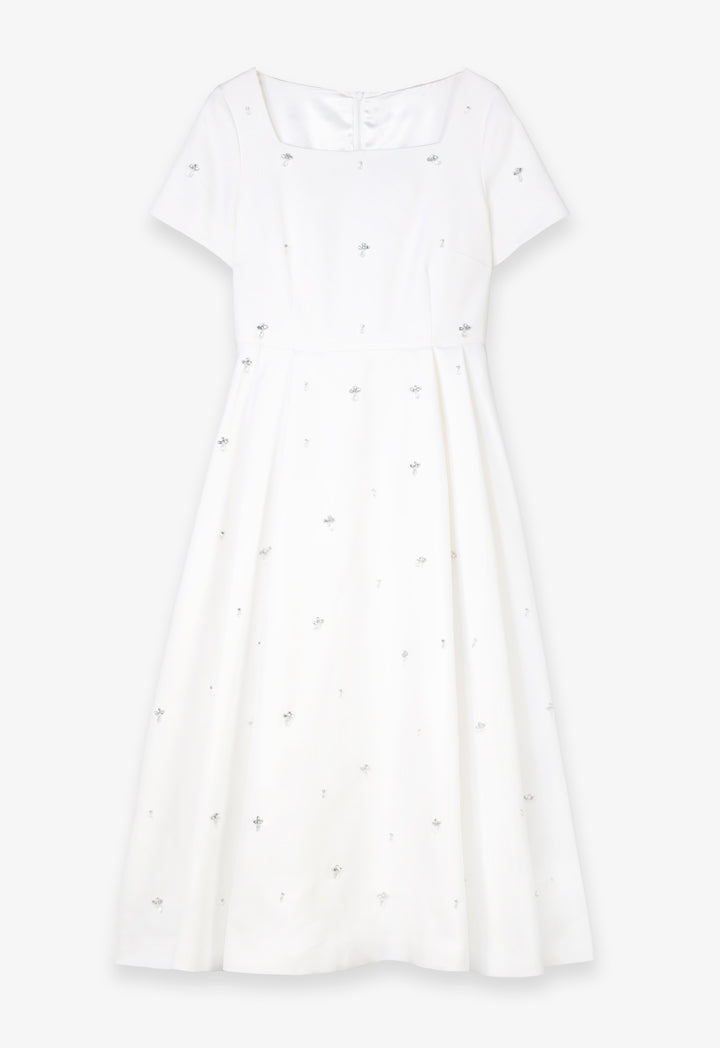 Choice Short Sleeves Embellished Midi Dress Offwhite