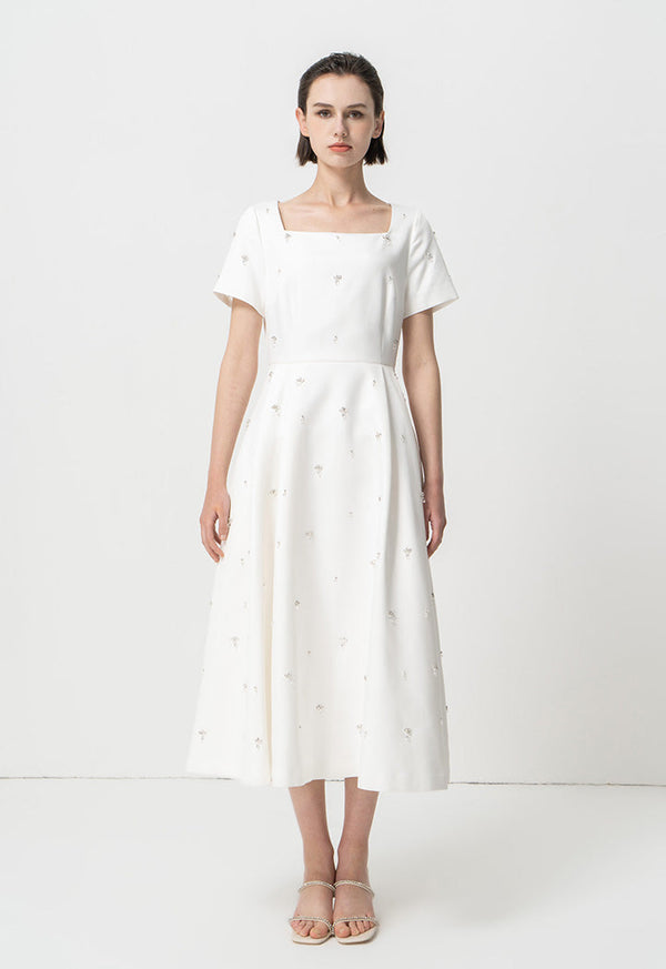 Choice Short Sleeves Embellished Midi Dress Offwhite