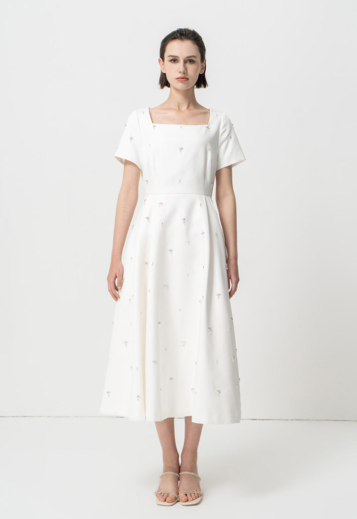 Choice Short Sleeves Embellished Midi Dress Offwhite