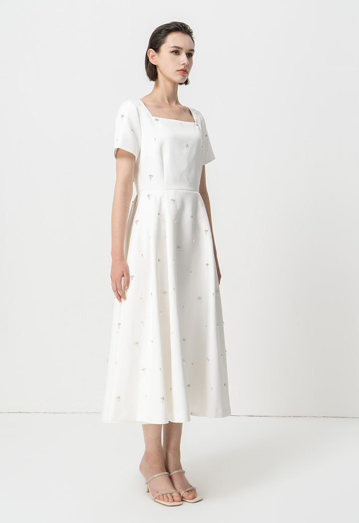 Choice Short Sleeves Embellished Midi Dress Offwhite