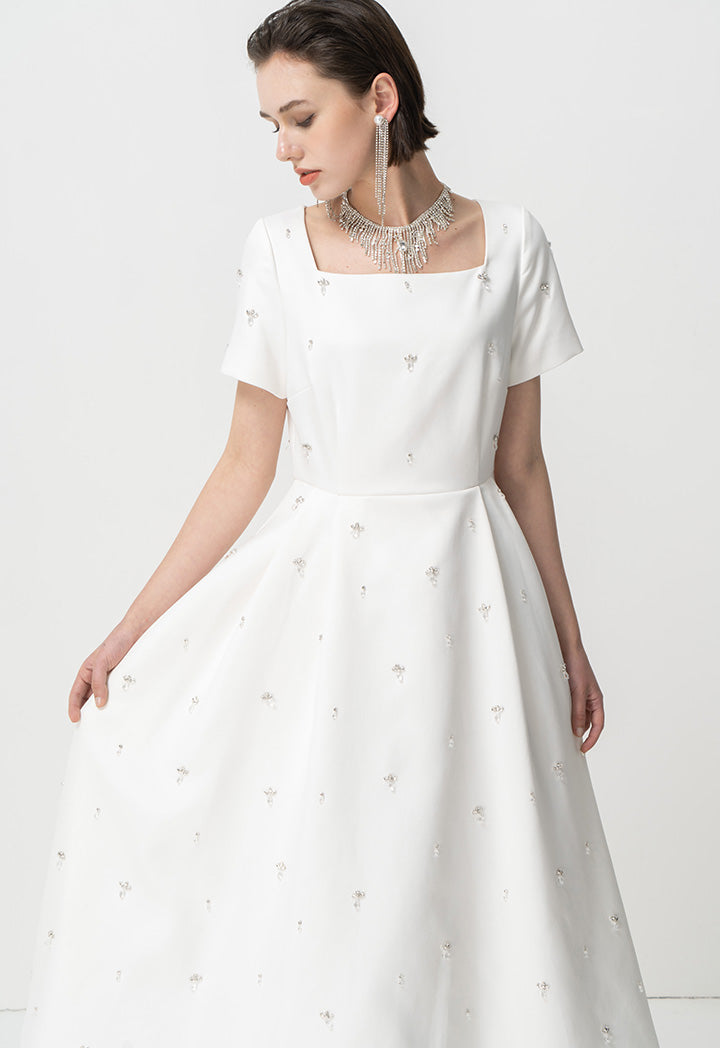 Choice Short Sleeves Embellished Midi Dress Offwhite