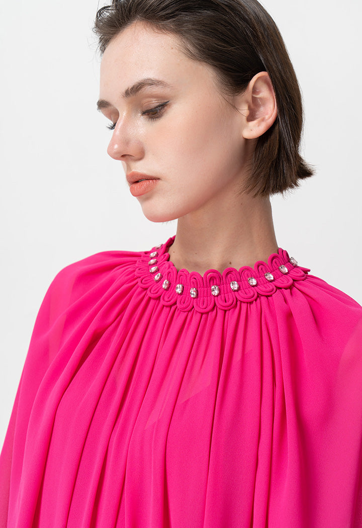 Choice Round Neck Embellished Crystal Dress Fuchsia