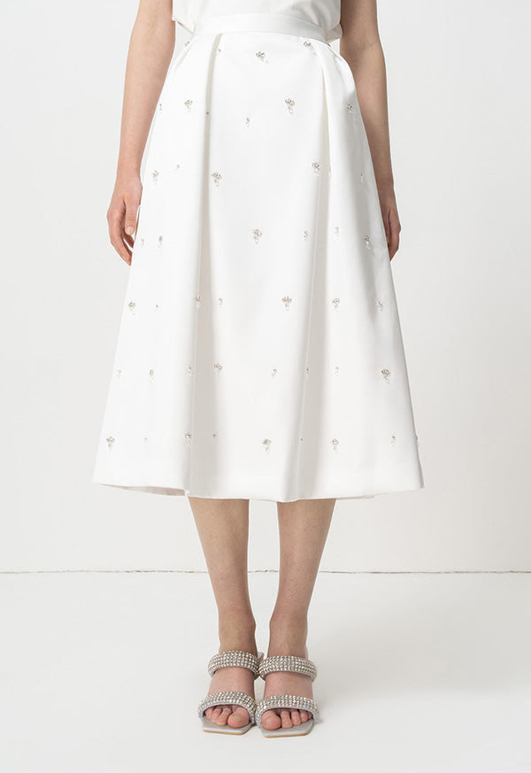 Choice Embellished Rhinestone Pleated Midi Skirt Offwhite