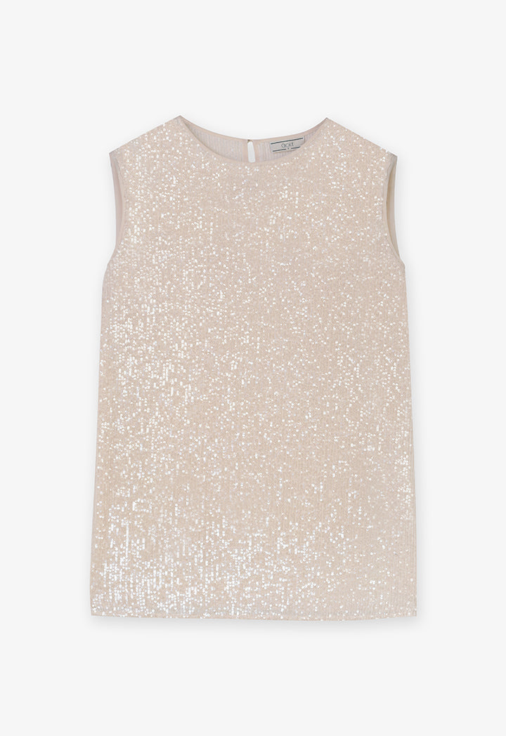 Choice Sequins Sleeveless Round Neck Top Sand Beige