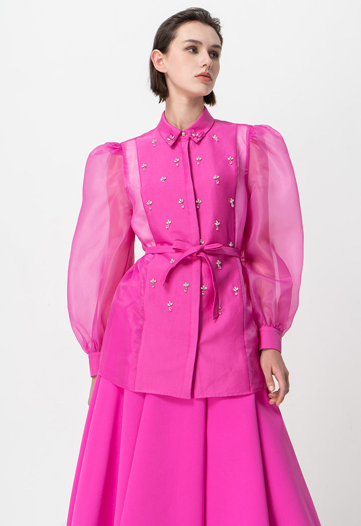 Choice Embellished Crystal Organza Shirt Fushia