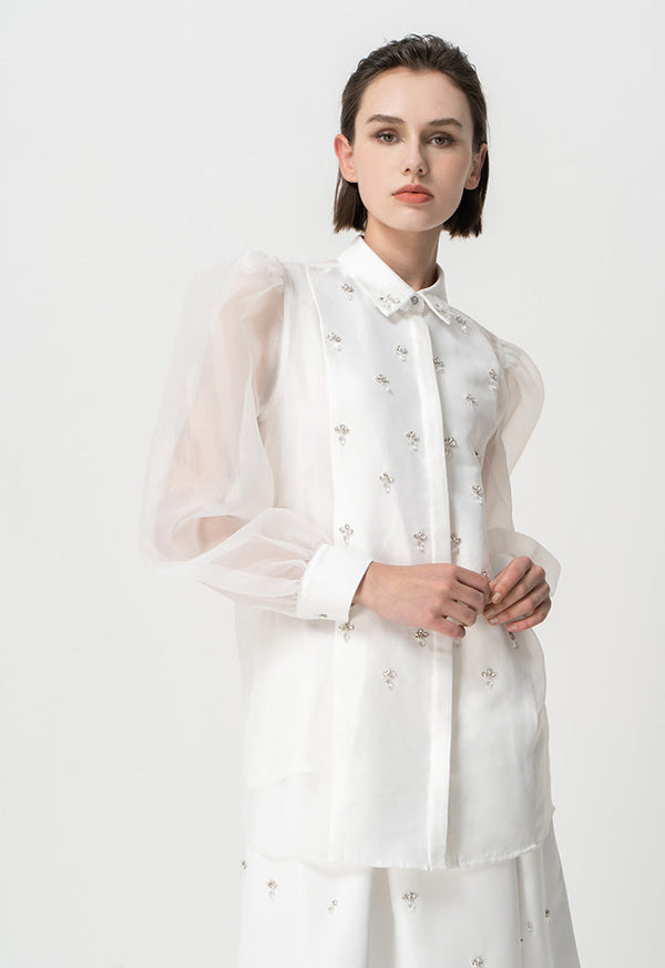 Choice Embellished Crystal Organza Shirt Offwhite