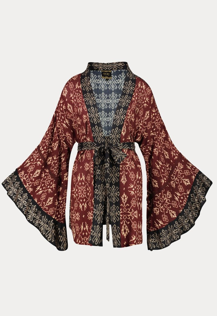 Choice Geometric Print Kimono Cardigan Burgundy - Wardrobe Fashion