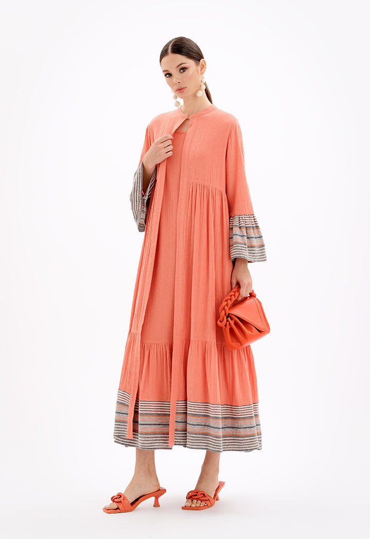 Choice Sleeved Open Front Abaya With Striped Hems-Ramadan Style Brick