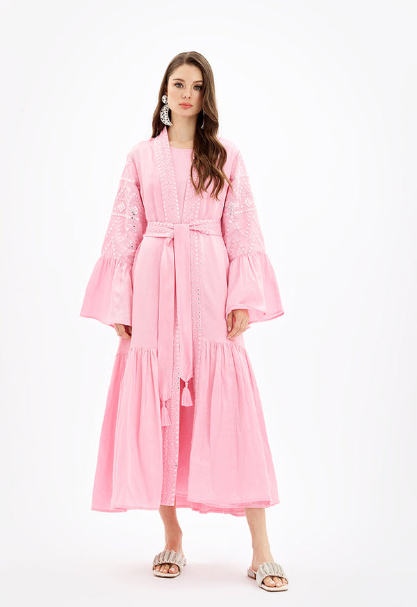 Choice Open Tiered Detailed Maxi Abaya-Ramadan Style Pink