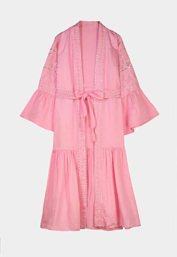 Choice Open Tiered Detailed Maxi Abaya-Ramadan Style Pink