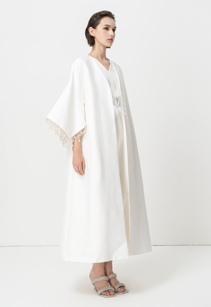 Choice Pearl Detailed Open Front Maxi Abaya With Self Tie Belt Offwhite