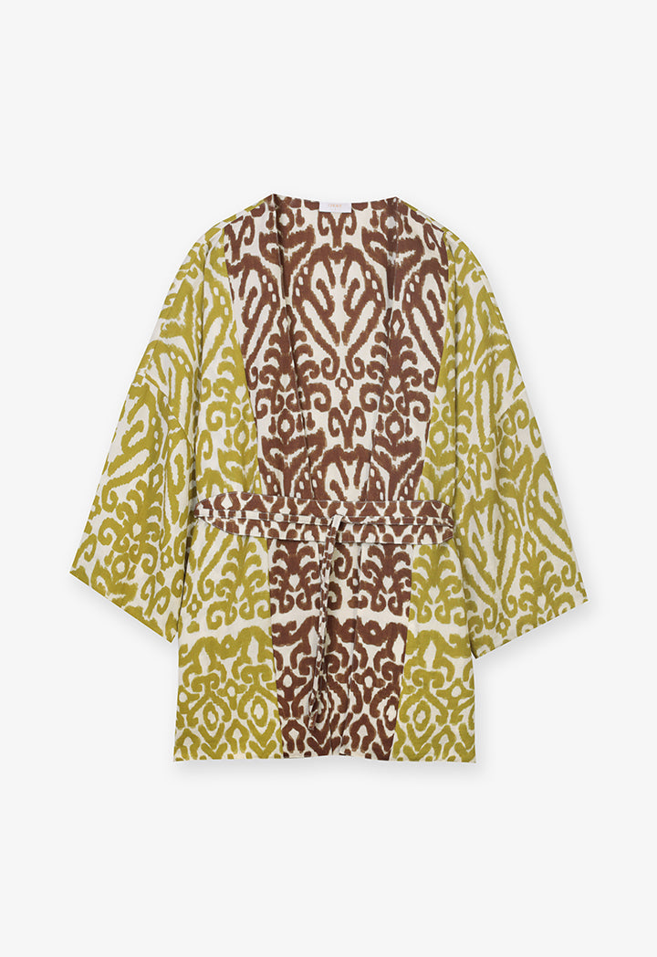 Choice Patterned Kimono Outerwear With Belt Lime