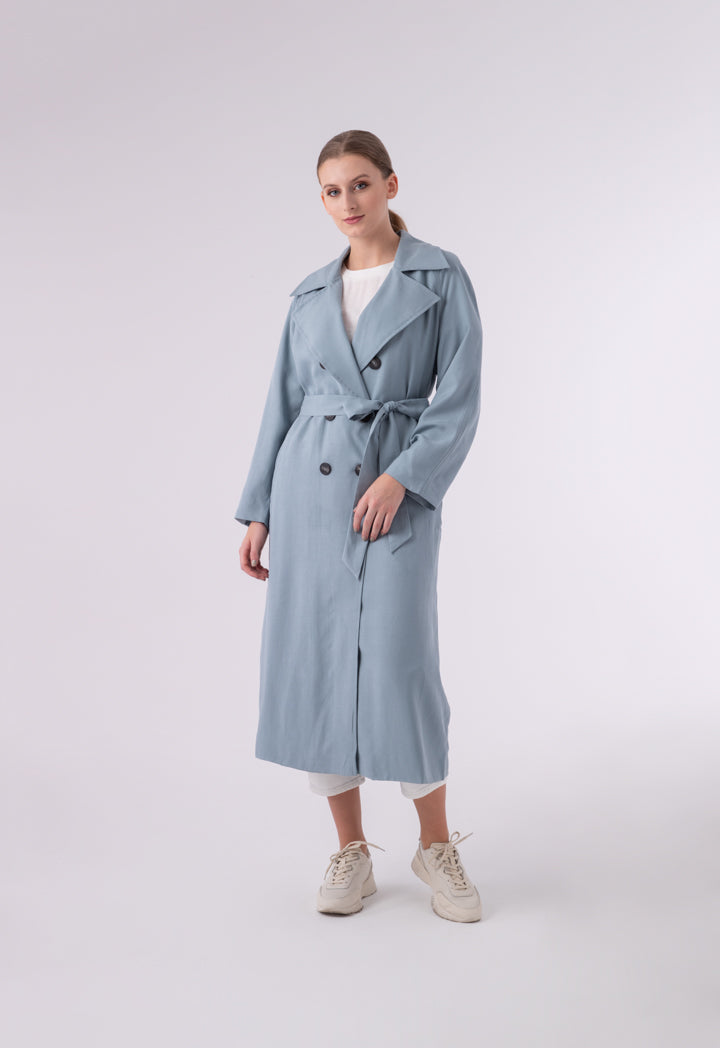 Choice Double Breasted 6-Button Notched Lapel Trench Coat Blue