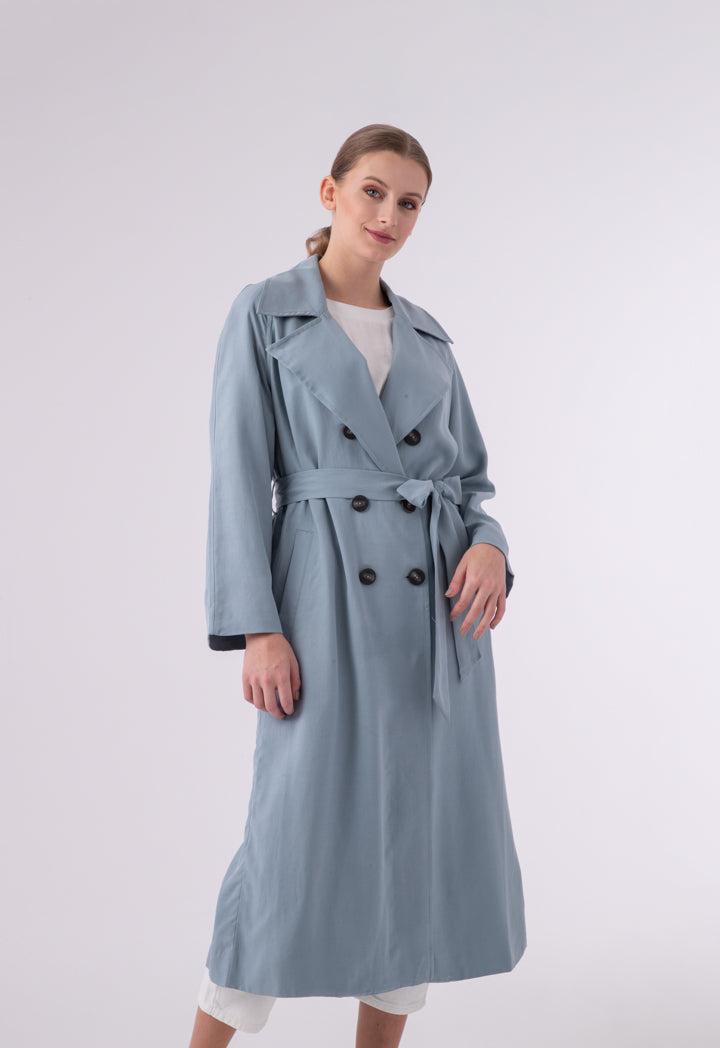 Choice Double Breasted 6-Button Notched Lapel Trench Coat Blue